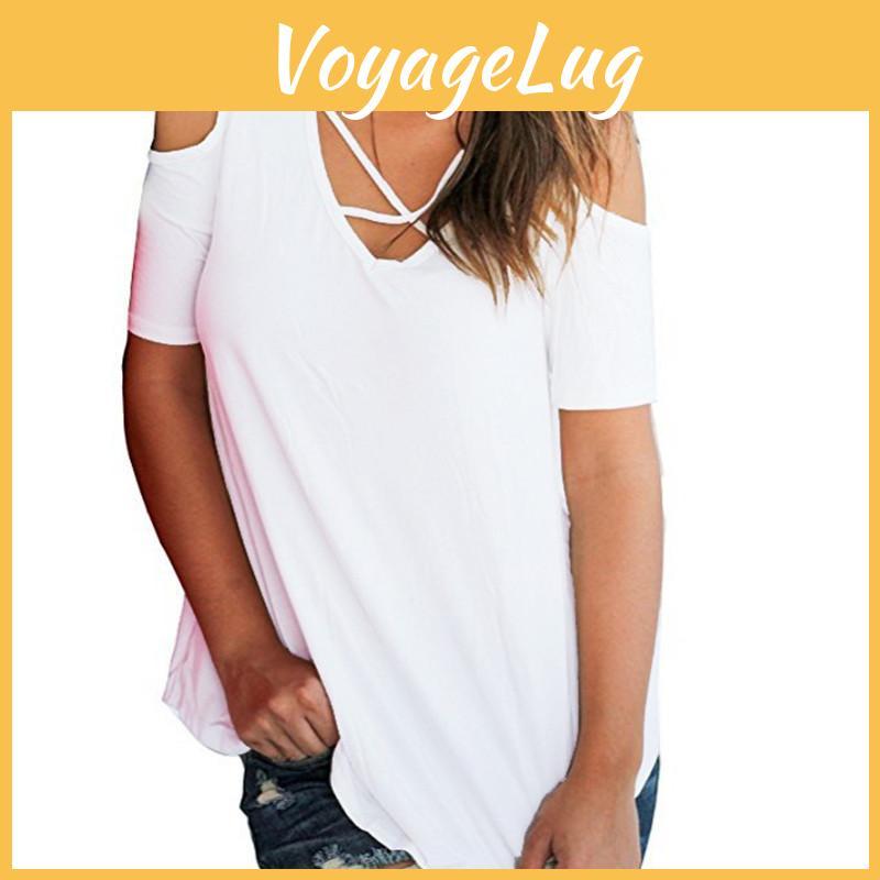 Elegant Women Cold Shoulder Loose Tops Criss Cross Short Sleeve T-shirt Blouse