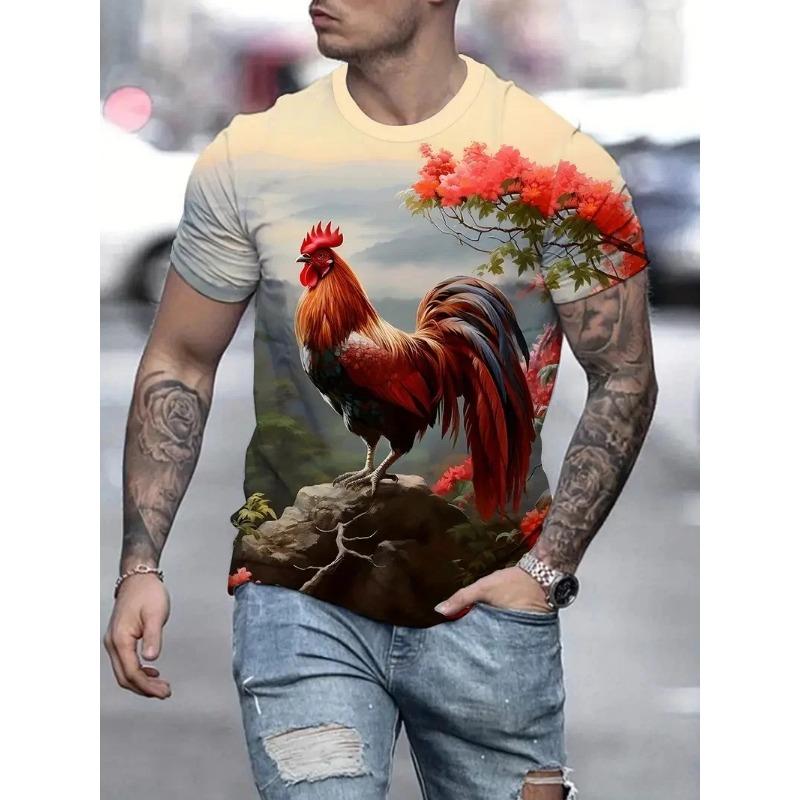 Summer Round Neck Colorful Rooster Graphic 3D Print Top Fashionable Casual Short Sleeved Men's T-shirts