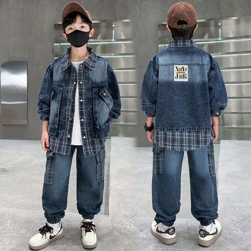 Boys' Trendy Plaid Denim Set: Spring/Autumn Korean Style 2025, Two-Piece Look for Mid-to-Big Kids