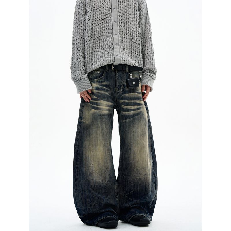 Kisko American-Style Washed Vintage Whiskered Bamboo Texture Jeans for Men and Women, New Trendy Brand Loose Straight-Leg Scimitar Pants