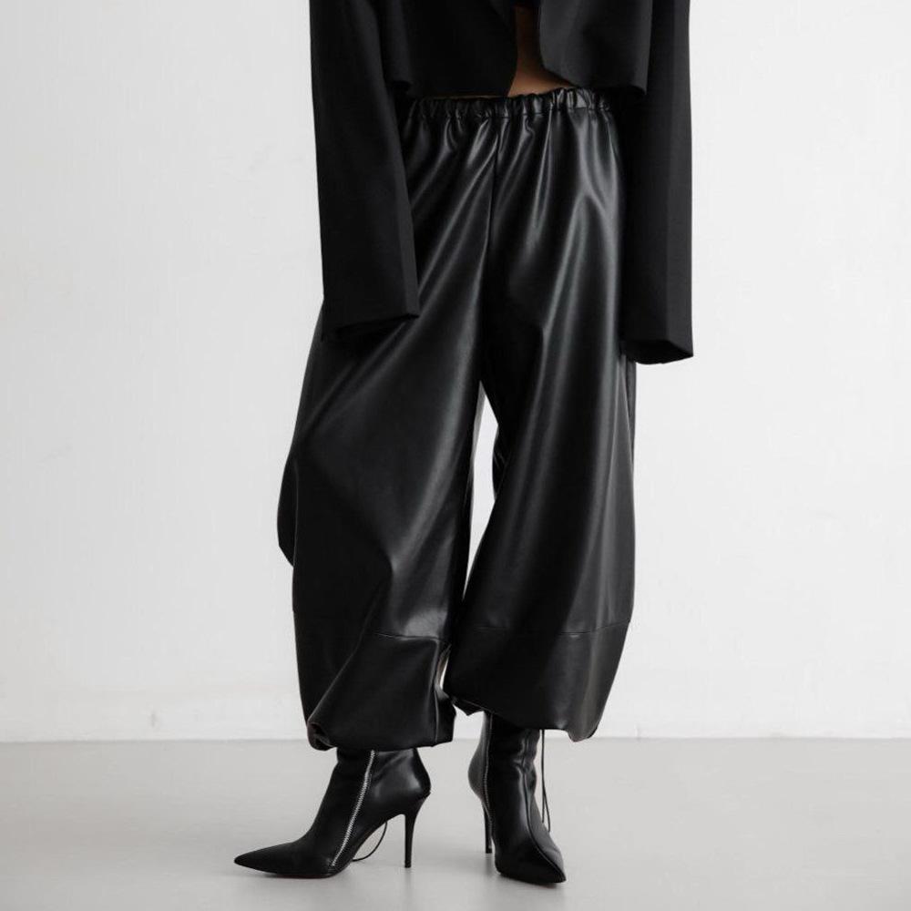 Schwarze Weite Hosen mit Knöchelmanschette Hohe Taille Elastische Taille PU-Lederhosen