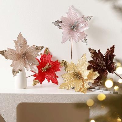 25cm Christmas Poinsettia Glitter Flower Large Sequins Simulated Flower Head Flocking DIY Wreath Christmas Tree Ornaments