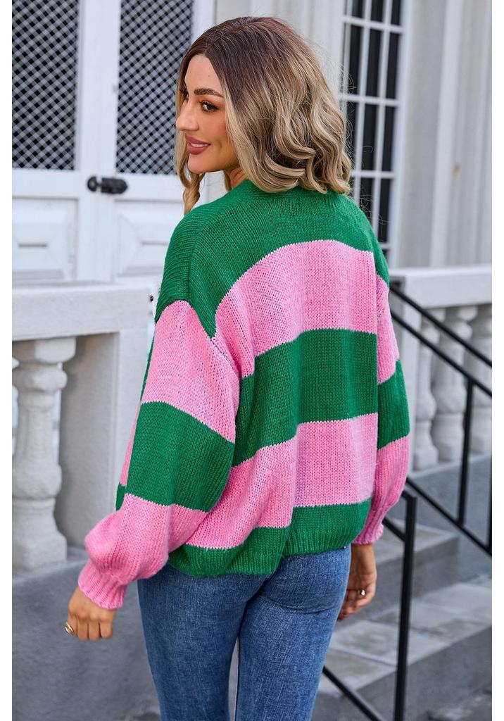 2026 Autumn/Winter Women’s Plus Size Color Block Knit Cardigan Sweater