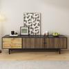 TV Cabinet, Lowboard with Door Panels with Water Wave Pattern and Three Drawers In a Wood and Black Color Scheme.