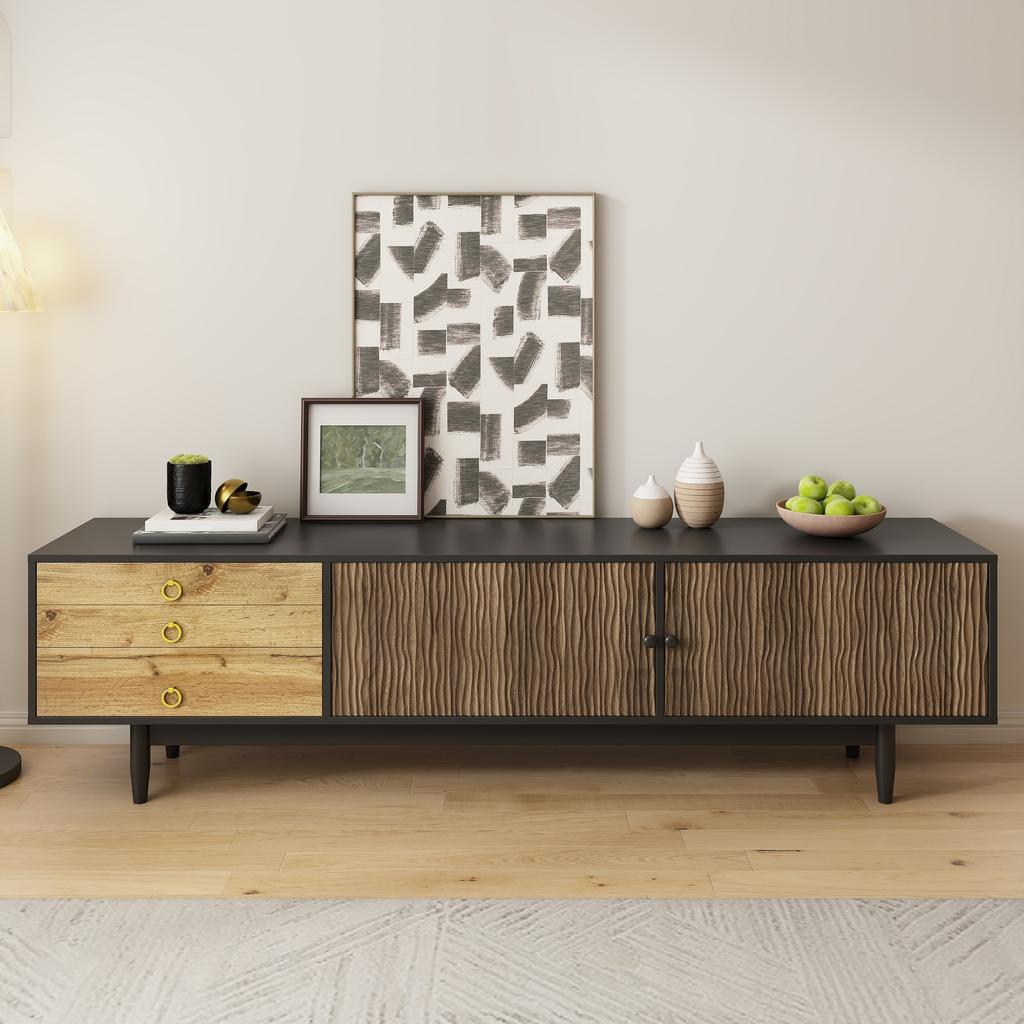 TV Cabinet, Lowboard with Door Panels with Water Wave Pattern and Three Drawers In a Wood and Black Color Scheme.