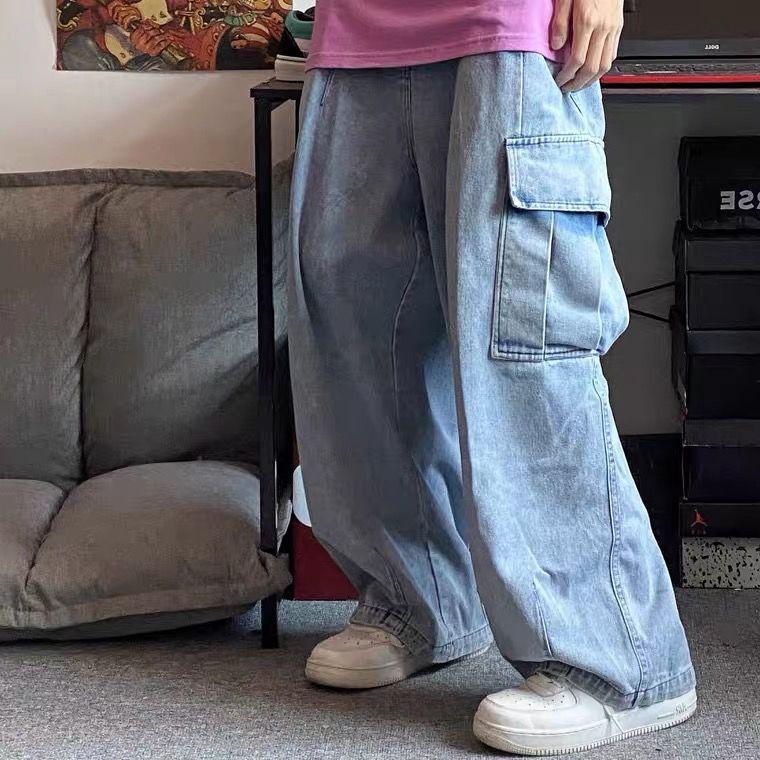 

Чоловічий одяг Вуличний одяг Брюки Oversize Cargo Корейська мода Баггі Джинси Чоловічі чорні широкі джинсові штани Спортивні штани XXXL синій