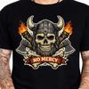No Mercy Viking Skull Horned Helmet Crossed Axes Flaming Torches Graphic T-Shirt