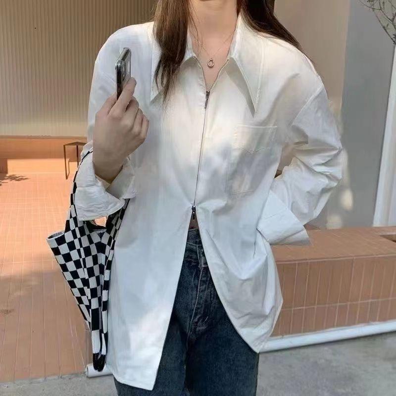 French design niche double-zipper long-sleeve shirt for women, loose and versatile Hong Kong-style vintage shirt jacket for spring and autumn