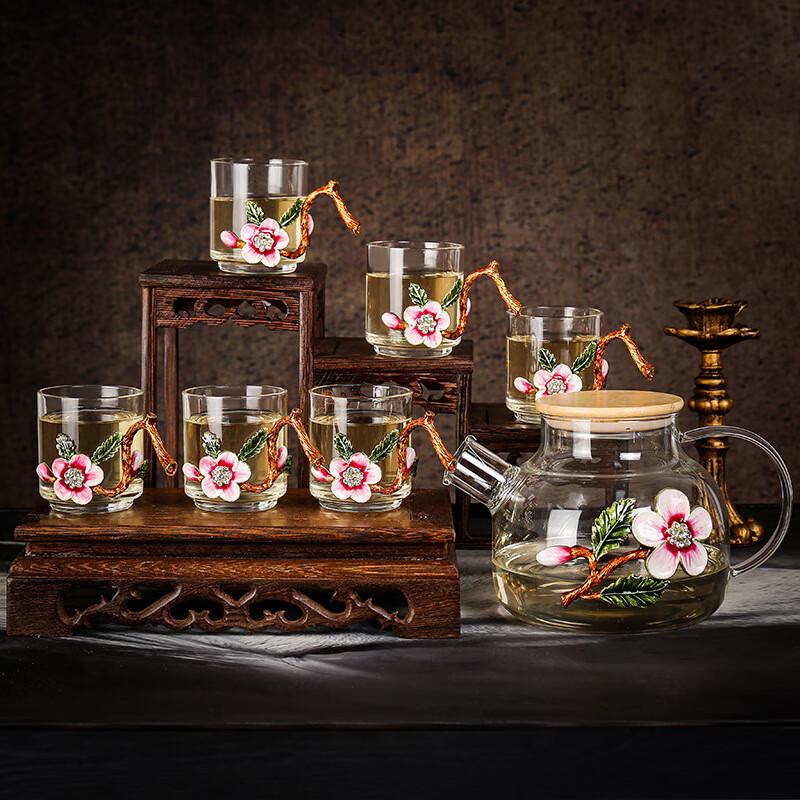 Shangqi Enamel Peach Blossom Heat-Resistant Glass Tea Cup Set (6 Pcs)
