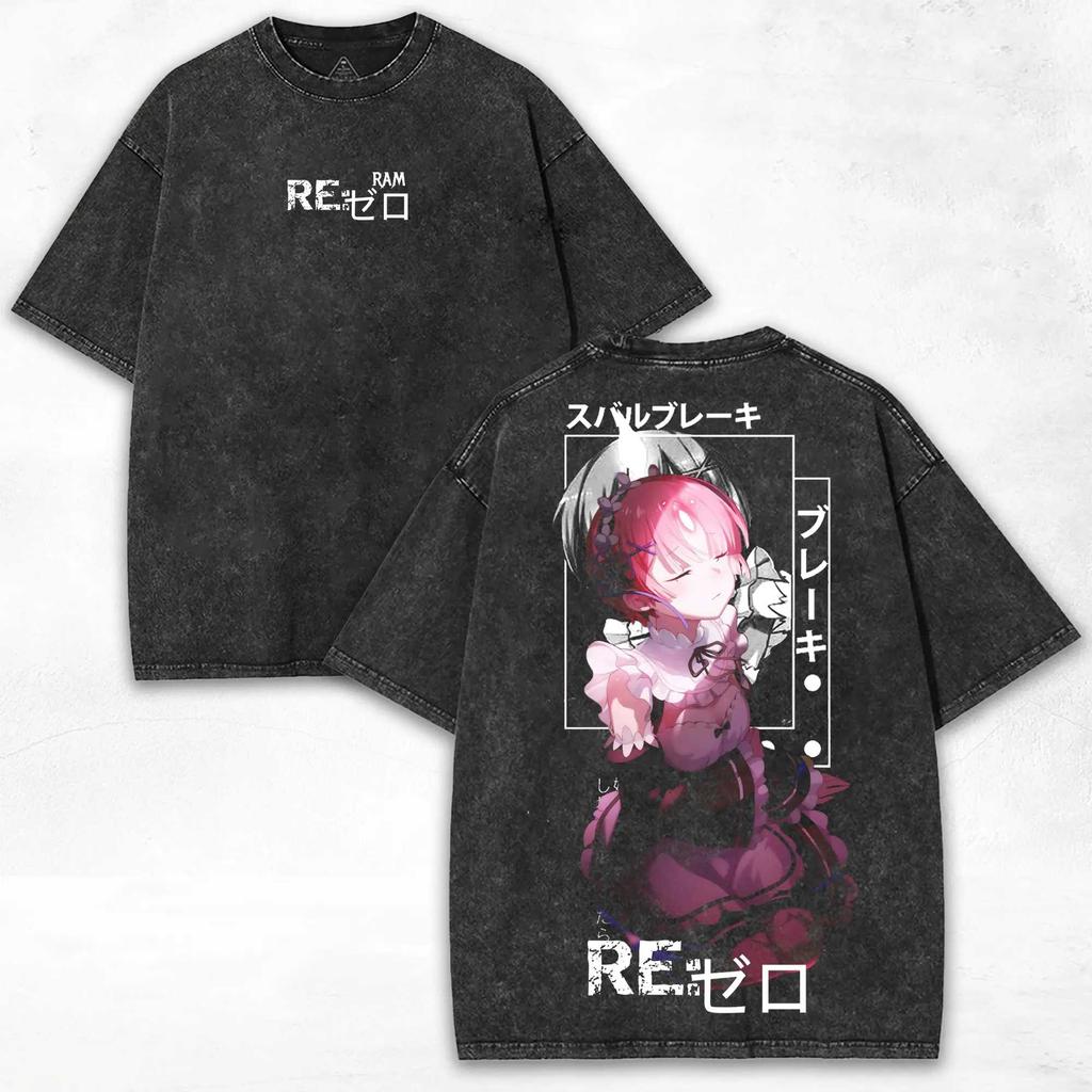 2026 Hot Sale Re ZERO Ram Anime T-shirt for Men Women Clothing Trendy Gothic Y2k Washed Oversized T Shirt Summer Short Sleeve Cotton Tees Tops