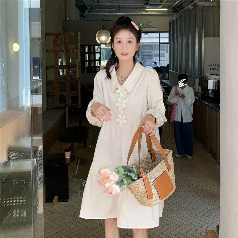 Dresses Women 3D Flower Y2k Autumn Hotsweet Korean Style Simple Long Sleeve High Street All-match Temperament Knee-length Daily
