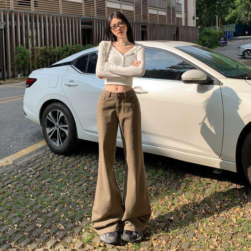 Unisex Retro American High-Street Brown & Green Wide-Leg Jeans - Spring & Autumn Casual Floor-Length Pants.