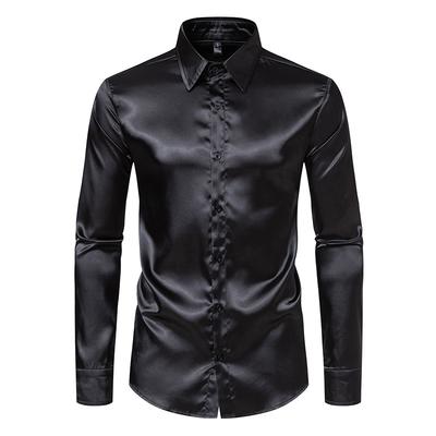 Luxus Seidensatin Herrenhemd Langarm Lässig Slim Fit Business Bürohemd Stilvoll Einfarbig Kragen Hochzeitsparty Abschlussballhemd