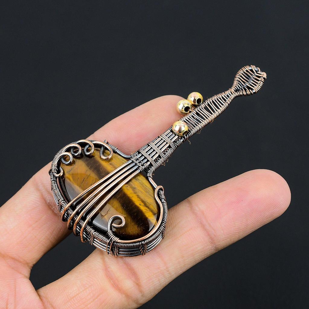 Tiger Eye Pendant, Handmade Gemstone 999 Copper Wire Wrapped Pendant Antique Jewelry, For Gift Silver Jewelry