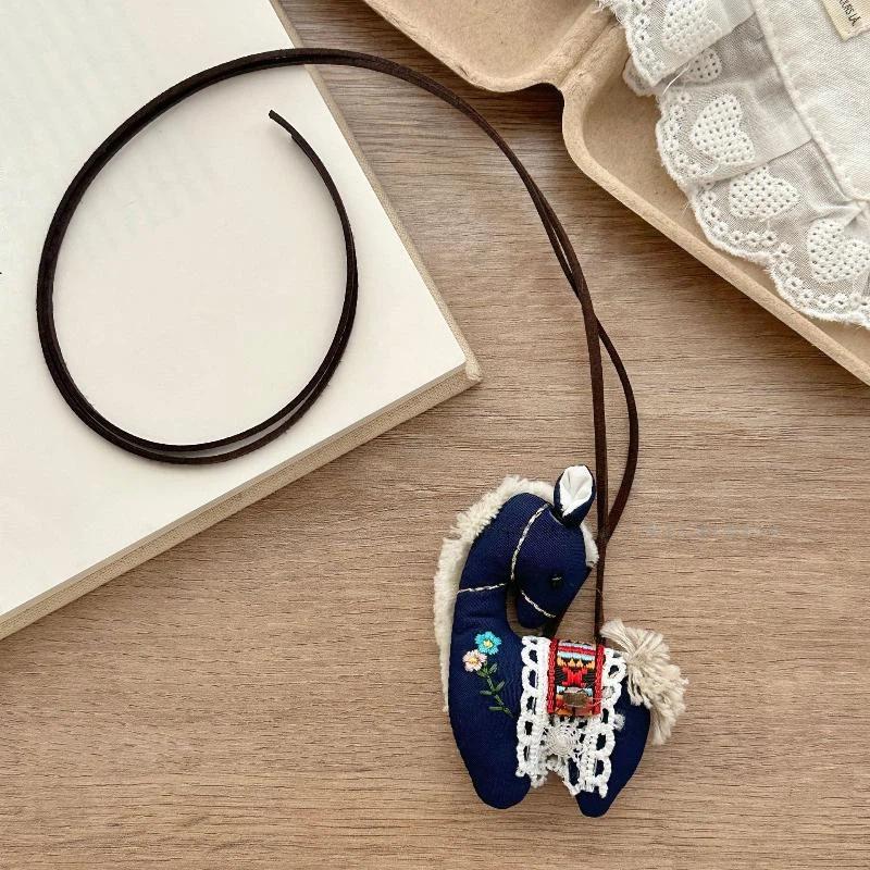 Cute Handmade Embroidery Pony Necklace Soft Fabric Horse Pendant Sweater Chain for Women Daily Outfit Jewelry Gift
