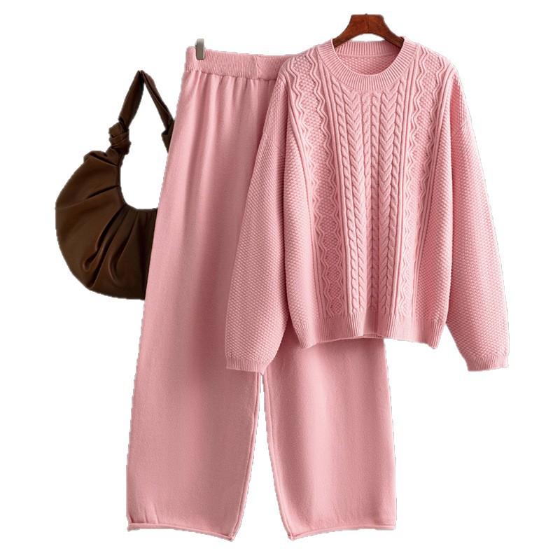 Autumn and Winter New Loose Twist Pullover Sweater Women's Set, Knitted Wide-leg Pants Fashionable Two-piece Set
