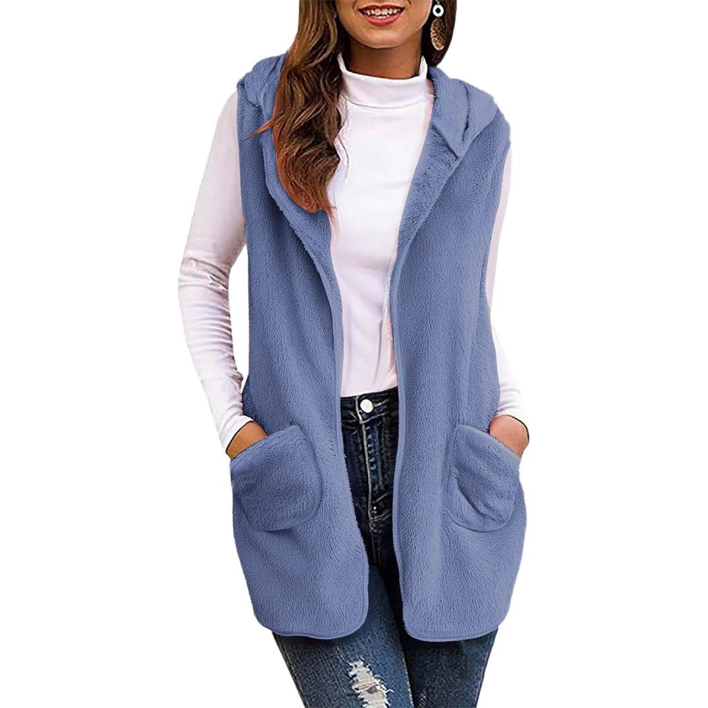 Women's Fashion Solid Color Hooded Sleeveless Plush Cardigan Vest Jacket With Pockets