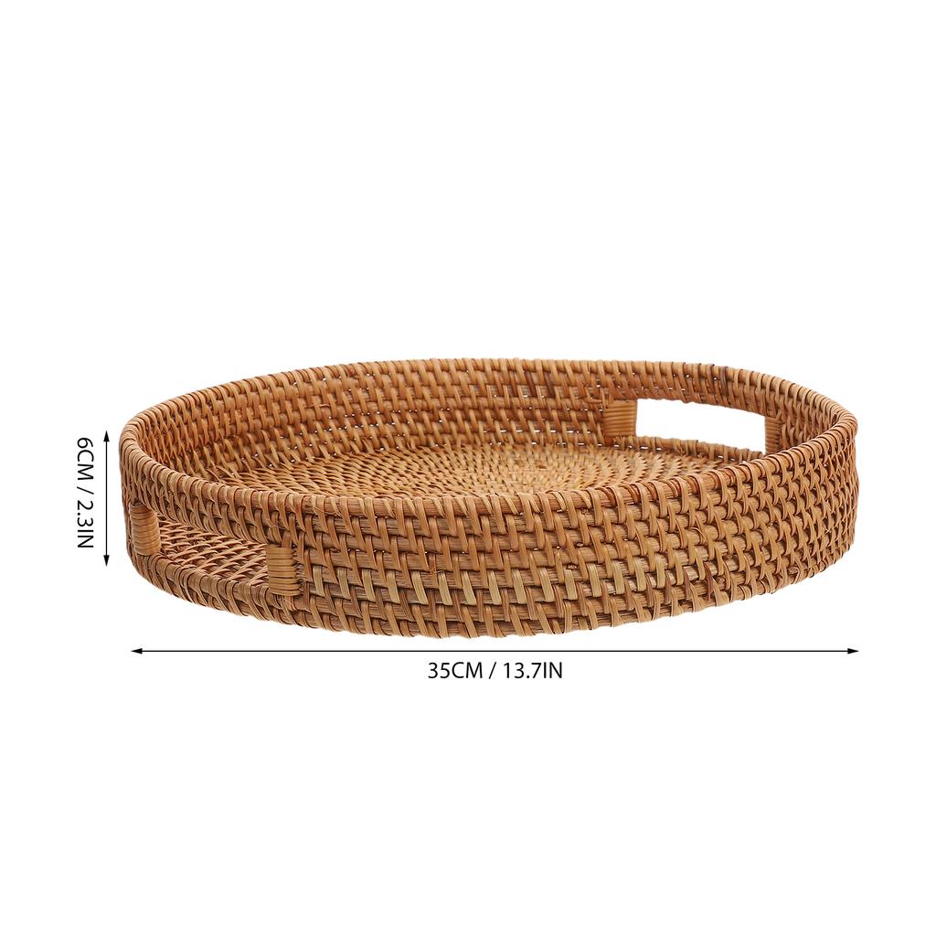 Round Rattan Tray 14-Inch Woven Fruit Bowl Hollow Handle Design Natural Material Kitchen Dining Table Round Tray with Sides