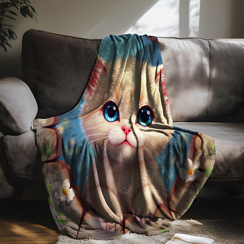 1pc Cozy Flannel Blanket with Adorable Kitten & Floral Print - Soft Warm Throw for Sofa, Bed, Car, Office, Camping - All-Season