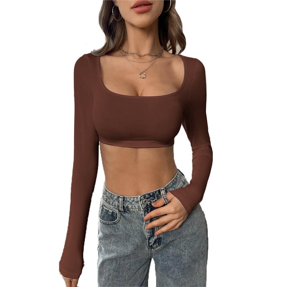 Autumn and winter new European and American women's clothing sports and leisure truncated knitted high elastic long-sleeved t-shirt top