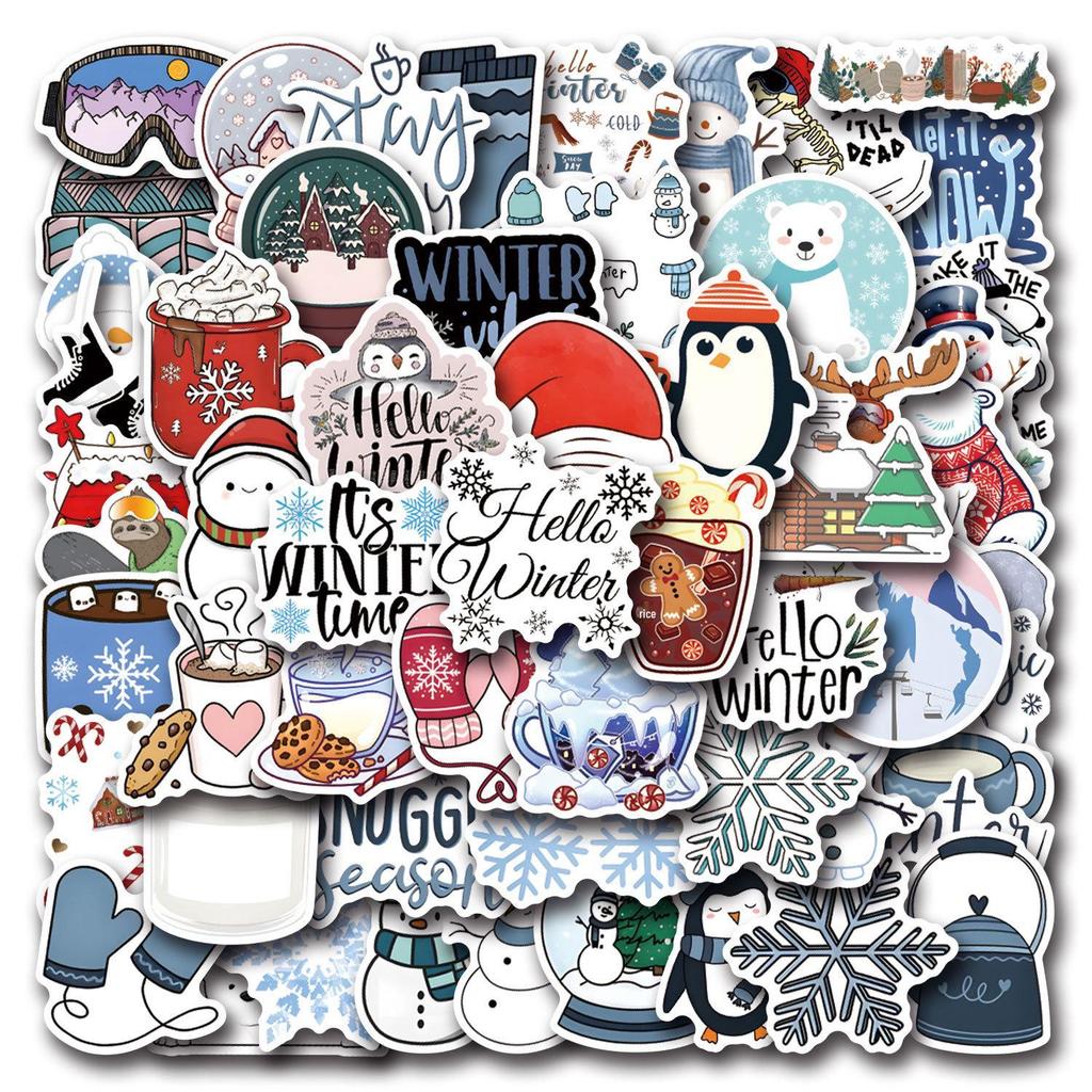 55 Waterproof Cartoon Winter Stickers for Stationery and Decorations.