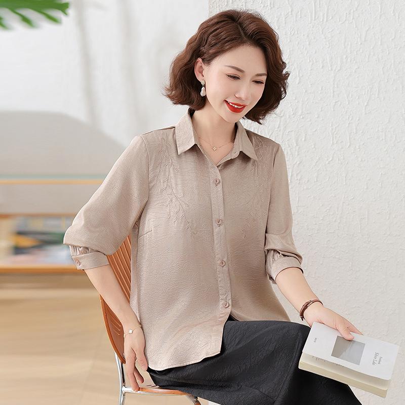 2026 Stylish Silk Top for Middle-Aged & Elderly Women - 50s Mom Spring/Autumn Shirt