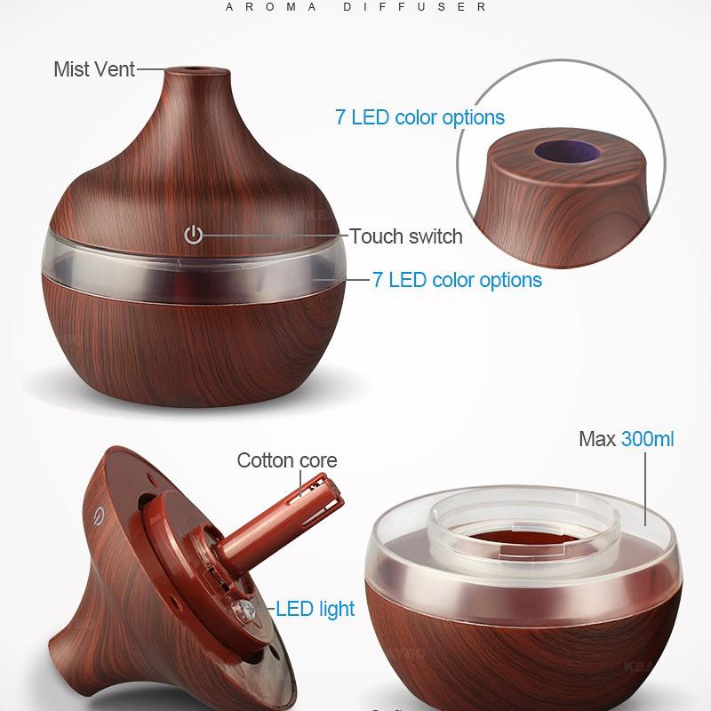300ml USB Aroma Diffuser and Humidifier with Wood Grain Design and Silent Operation