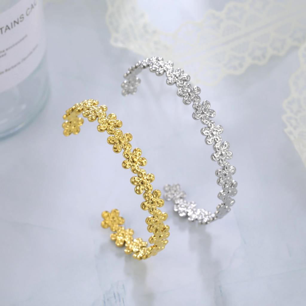 Stainless Steel Cuff Bracelet On Hand Women Geometric Flower Leaves Eye Adjustable Open Gold Bangle Jewelry