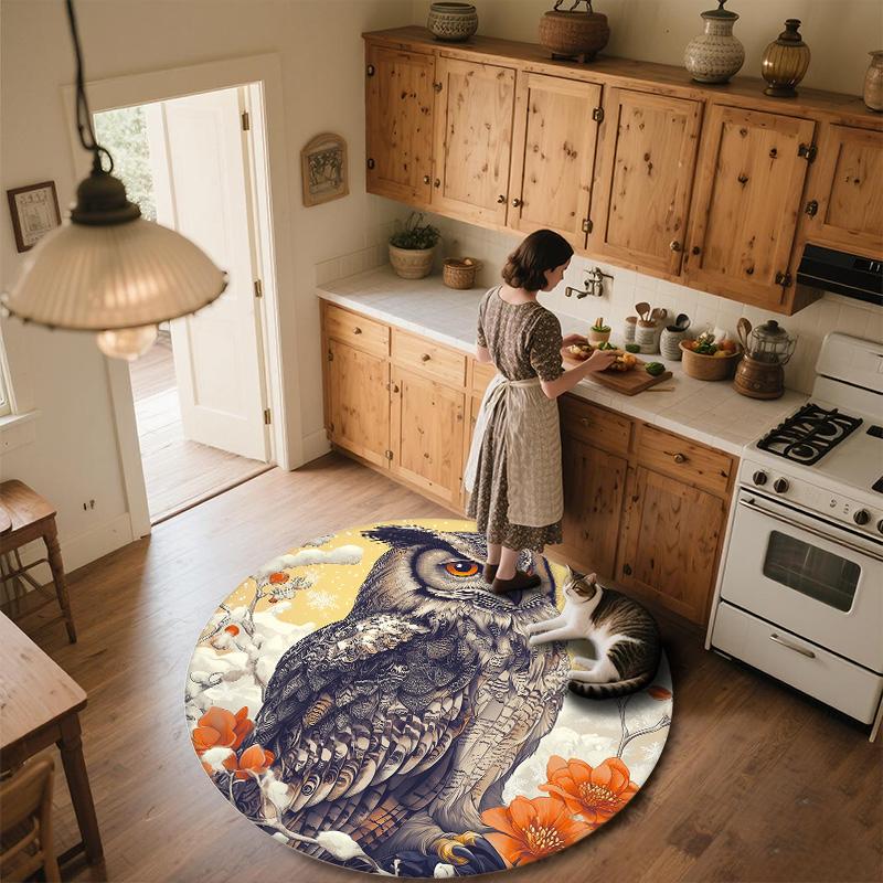 Vintage Flower Owl,Round Area Rug,Carpet Rug for Living Room Bedroom Sofa Playroom Decor,Non-slip Floor Mat