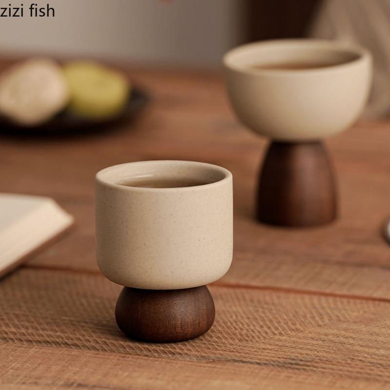 Ceramic High Footed Water Cup Coffee Cups Tea Mug Pudding Cup Ice Cream Cups Wooden Foot Candle Holder Milk Mug Dessert Bowl