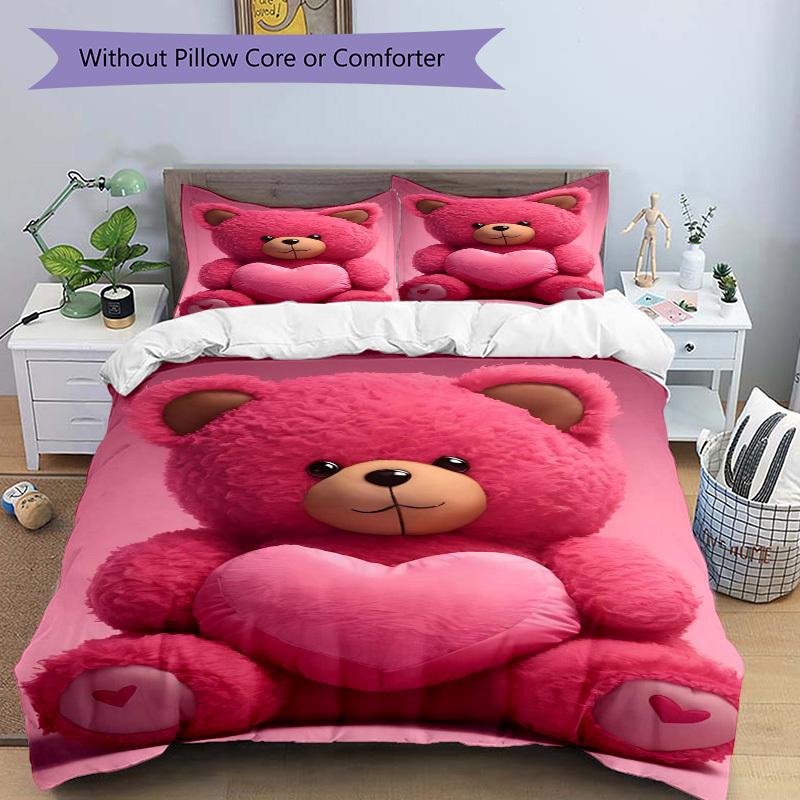 3pcs Pink Teddy Bear Bedding Set - Includes One Quilt Cover and Two Pillowcases (No Core) - Home Decor, Festival Gift, Polyester Fabric, Ani