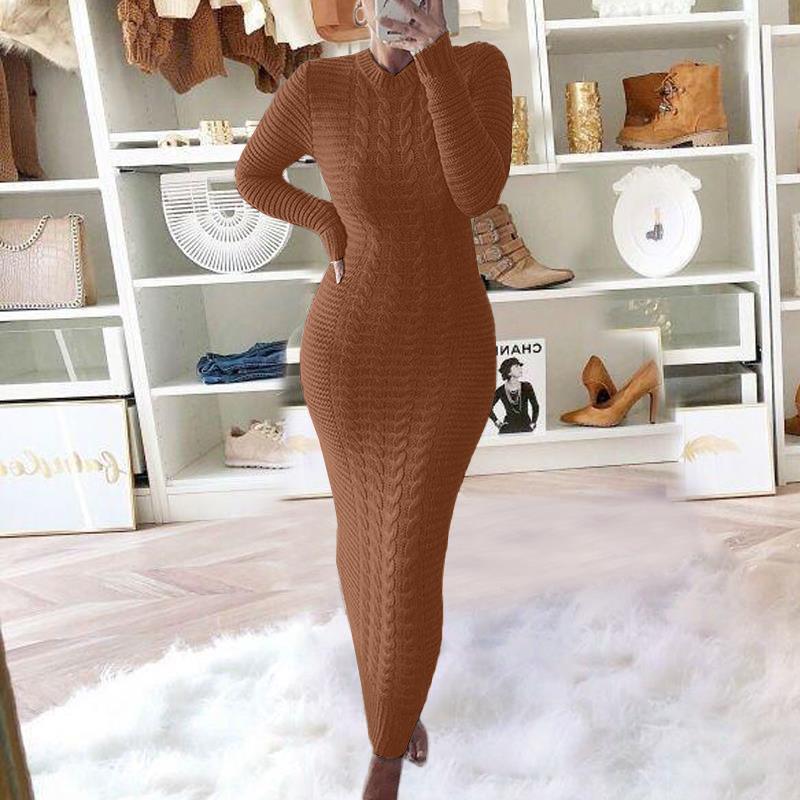 Autumn/Winter Women's Cable Knit Long-Sleeve Wool Dress