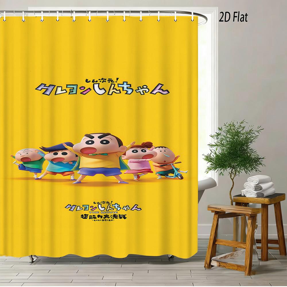 Crayon Shin-Chan Cheese & Shiro 2D Print Waterproof Shower Curtain, Cute Cartoon Bathroom Decor With Hooks