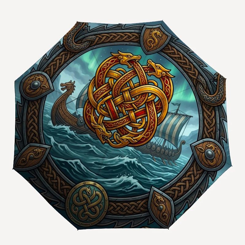 Ship Norse Mythology pattern umbrella, portable and foldable design, 8 ribs, a casual accessory for Halloween, Christmas, and birthday gifts.