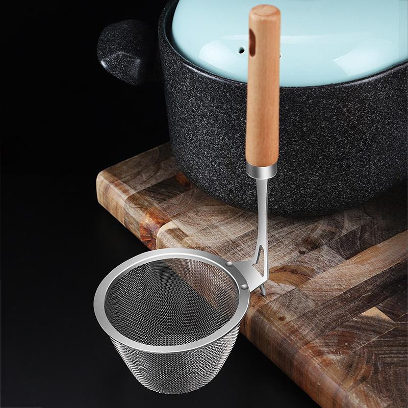 Stainless Steel Hot Pot Colander Noodle Deep Drainer Frying Basket Sink Strainer With Wood Handle For French Cooking Spoon