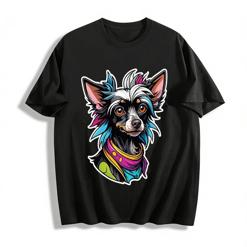 

Cool Punk Style Colorful Hair Dog Print Casual Top Pure cotton T-shirt XXS