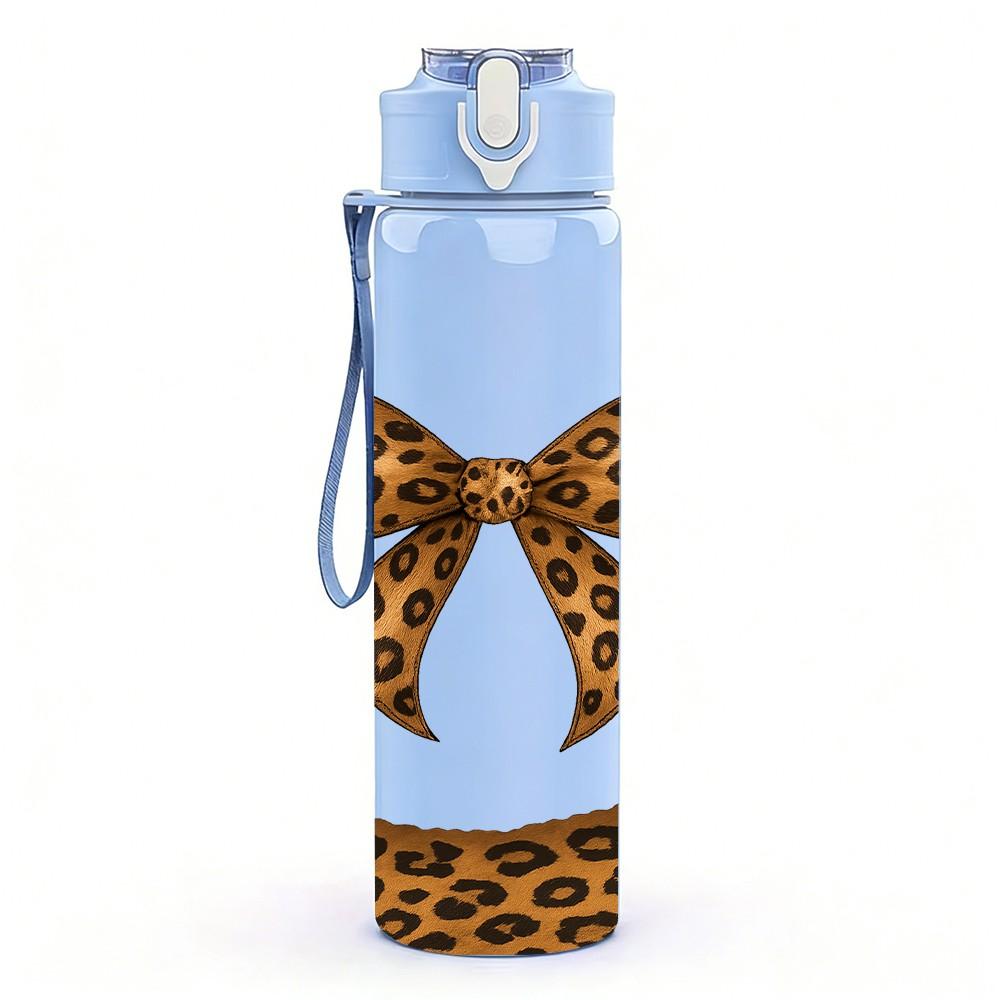 1PC Leopard Print Bow Knot Motif 750ml Color Plastic Sports Water Bottle Leakproof Flip Straw Lid For Sports Office Home Use
