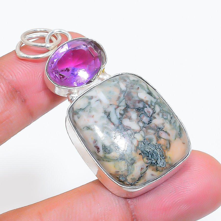 Natural Silver Leaf Jasper, Amethyst 925 Sterling Silver Pendant 2.01" ZS-636