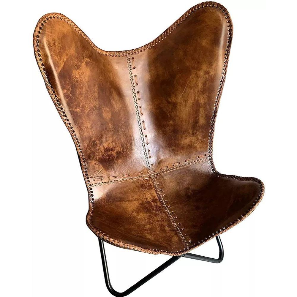 Fotoliu de relaxare din piele vintage, lucrat manual, scaun fluture