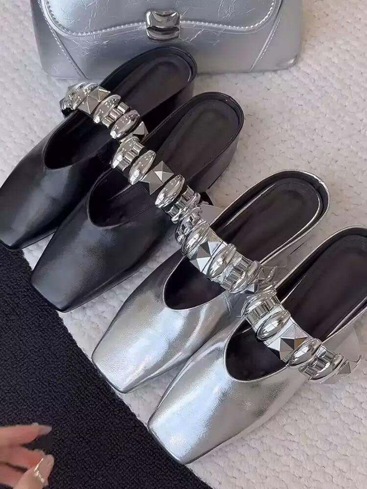 

[youshilai] Inner height increase British style outer wear bag head drag retro rhinestone one-word buckle with cool slippers women 35