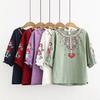 Women's Round Neck Short Sleeve T-shirt Spring and Summer Cotton-linen Embroidered Plus Size Blouse