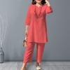 1 Set Abbigliamento Donna Scollo a V Vita Elastica Stile Etnico Maniche 3/4 Assorbente Sudore Uso Quotidiano Monocolore Donna Estiva T-shirt Pantaloni Lunghi Casual