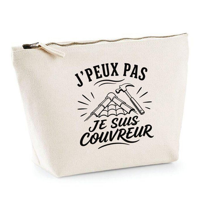 Trousse de toilette - PLANETEE - J'peux pas je suis Couvreur (minimaliste) - Beige - 100% coton - Zip métal