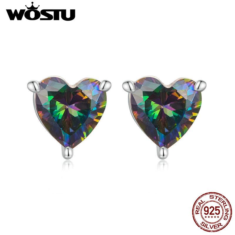 WOSTU 925 Sterling Silver 7MM Heart Stud Earrings Women Rainbow Mystic Topaz Wedding Earring Party Jewelry Gift For Mom Daugther