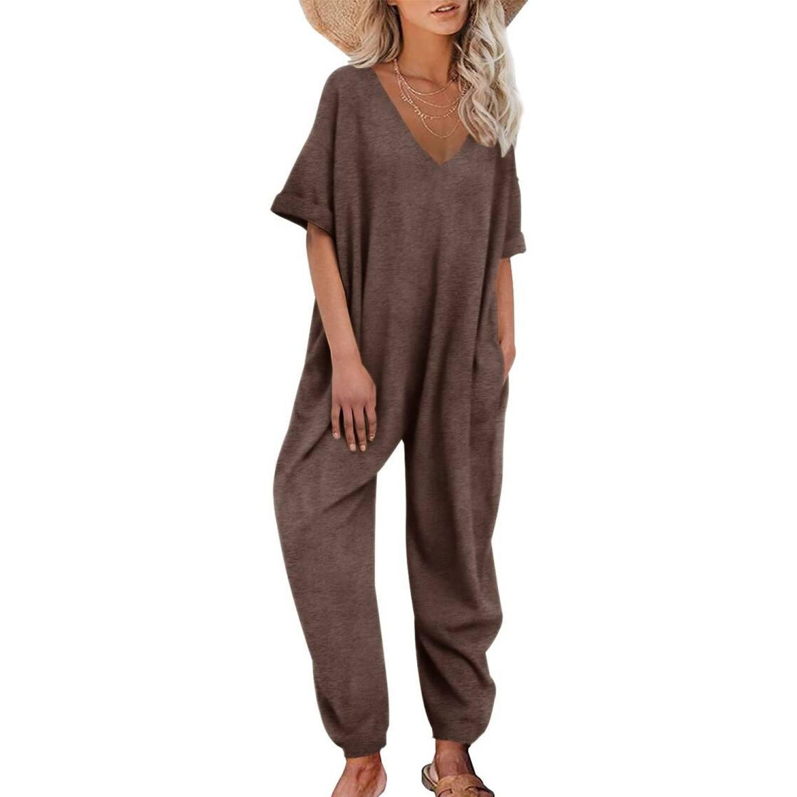 

Женский комбинезон, однотонные свободные повседневные леггинсы с v-образным вырезом и половиной рукавов XXL коричневый