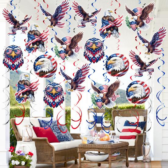 48 Pcs Patriotic Hanging Swirls Decoration Eagle American Flag Ceiling Hanging Foil Streamers for Veteran Day Party