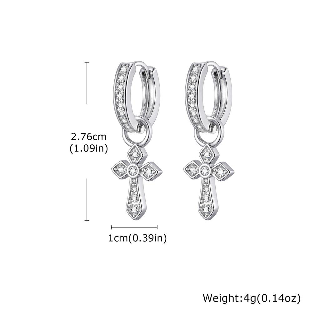 Vnox Cross Pendant Hoop Earrings for Men Boys, 27.6mm Silver Color Copper Zircon Punk Jewelry, Gothic Style Birthday Party Gifts