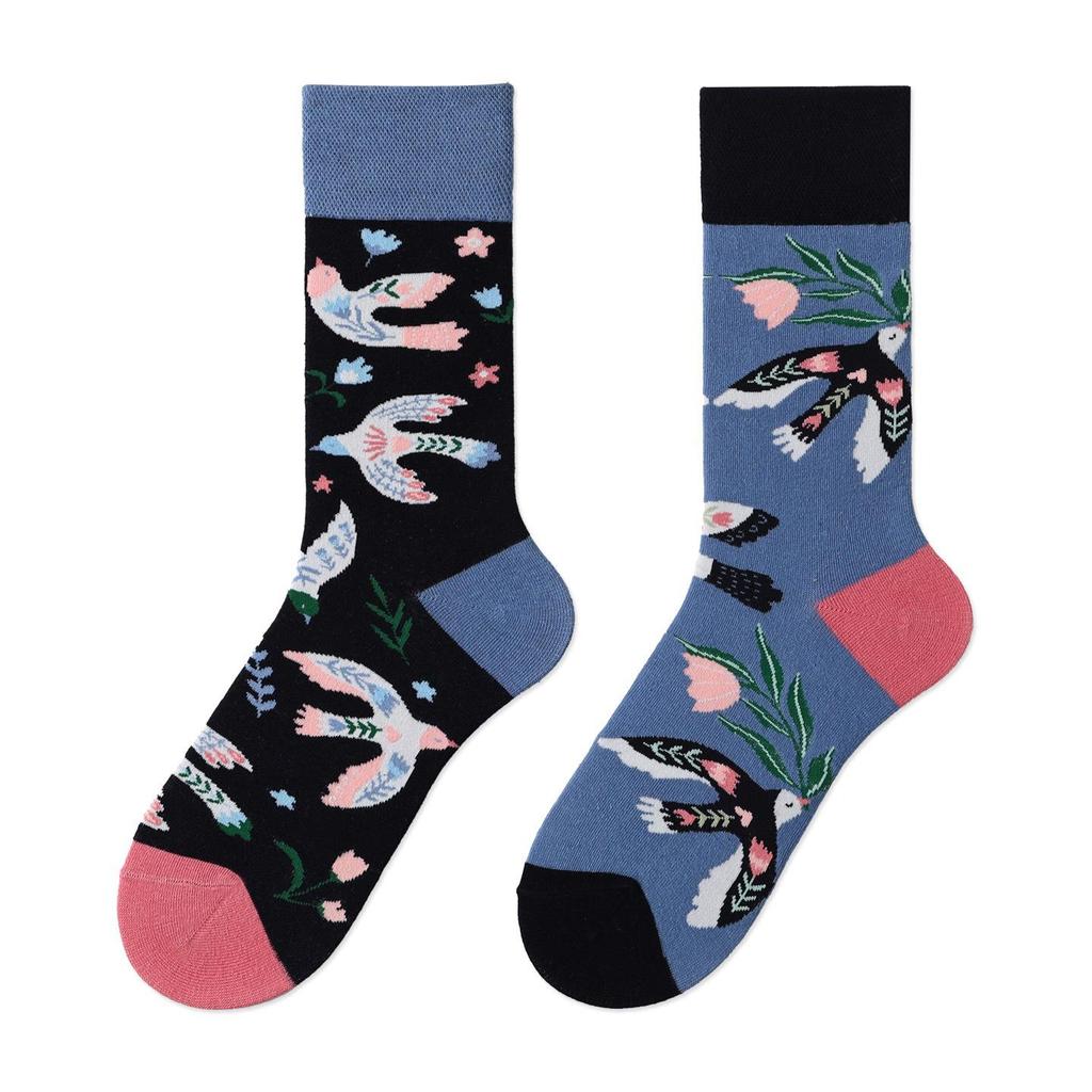 Unisex A/B Style Asymmetrical Cartoon Mid-Calf Cotton Socks