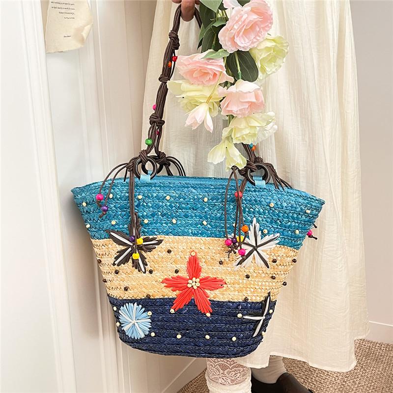 2026 New Bohemian Starfish Straw Tote Bag Women Beaded Handle Large Capacity Shoulder Bag Summer Beach Vacation Travel Handbag
