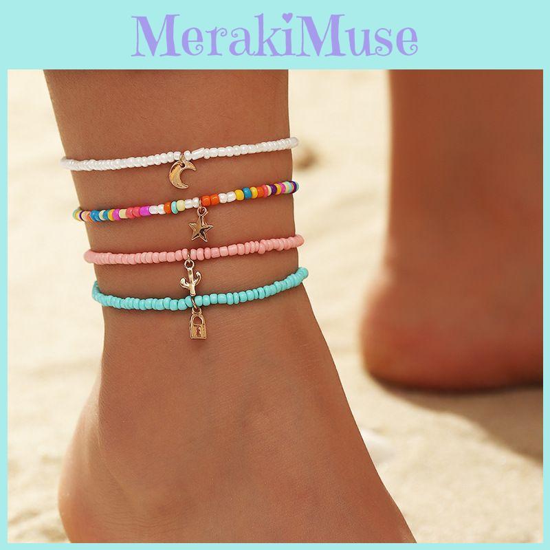 Ankle Bohemian Strap Set Star Moon Cactus Pendant Elastic Beaded Foot Chain